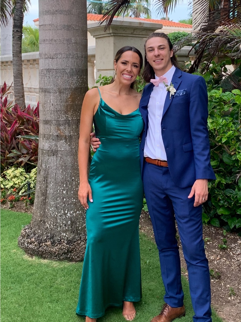 Hello Molly Emerald Green Satin Cowl Neck Prom Dress